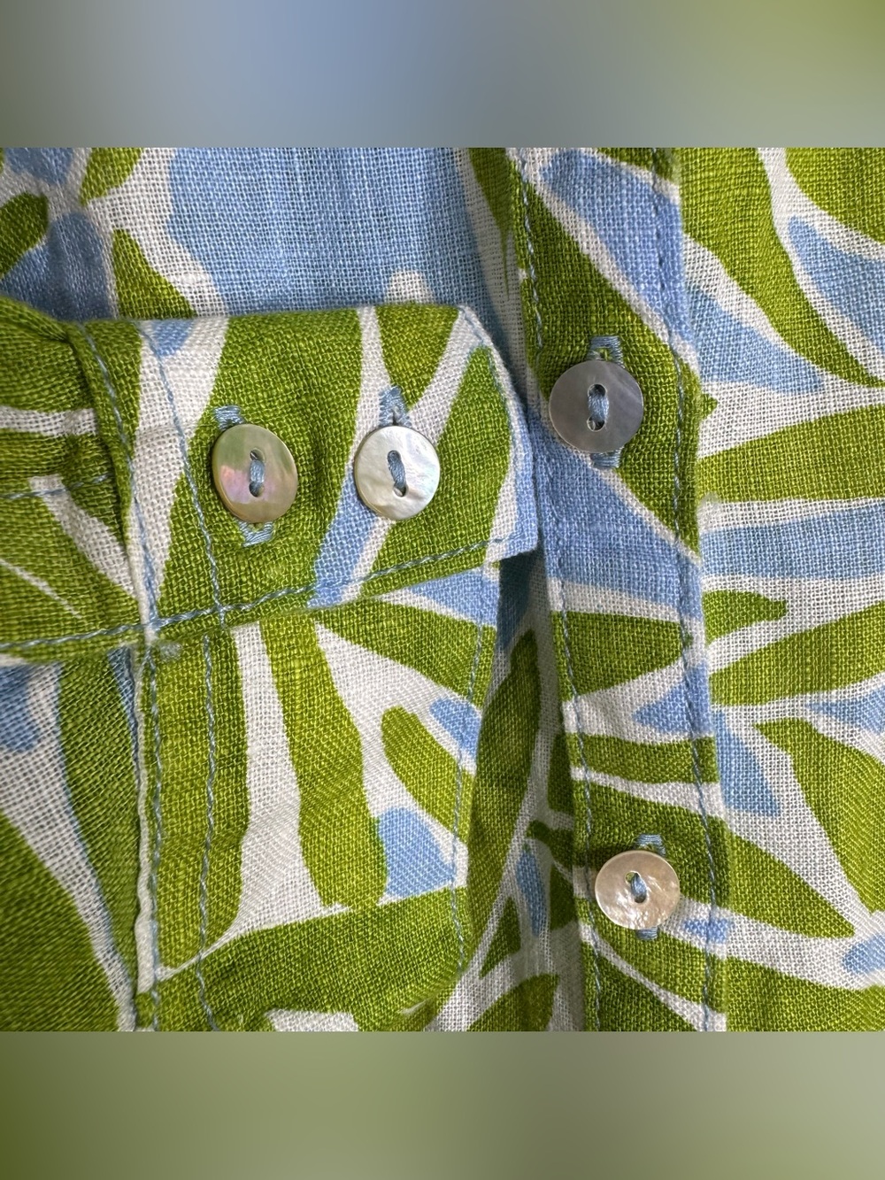 Sigrid Olsen 100% Linen Green Blue Tropical Oversized Button Up Shirt Large - Picture 3 of 6